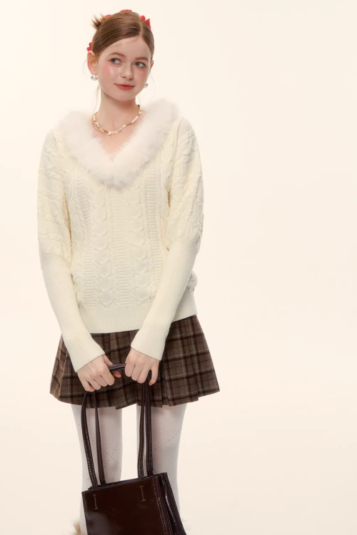Fur Collar Cable Knit Top