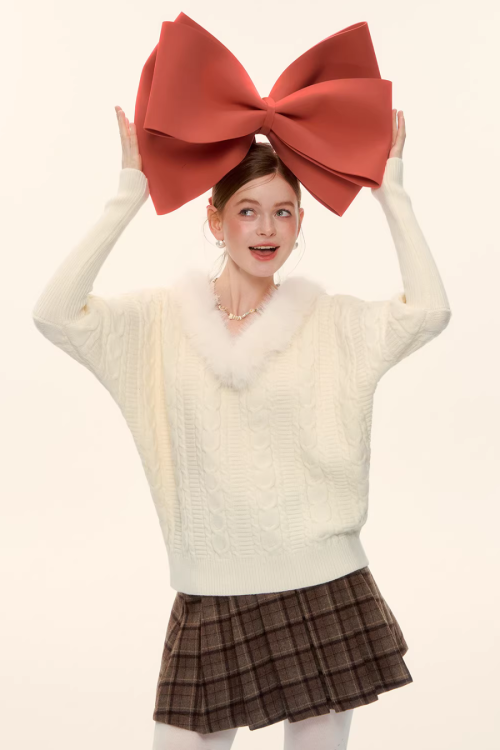 Fur Collar Cable Knit Top