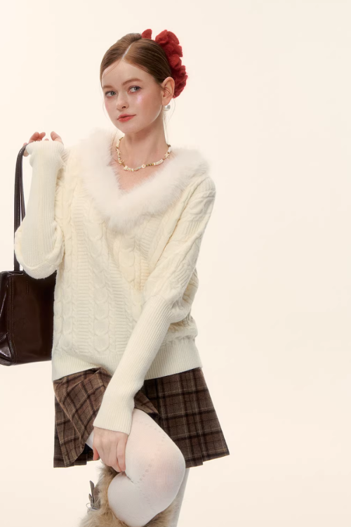 Fur Collar Cable Knit Top