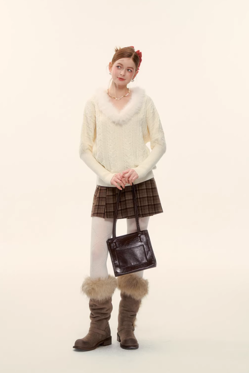 Fur Collar Cable Knit Top