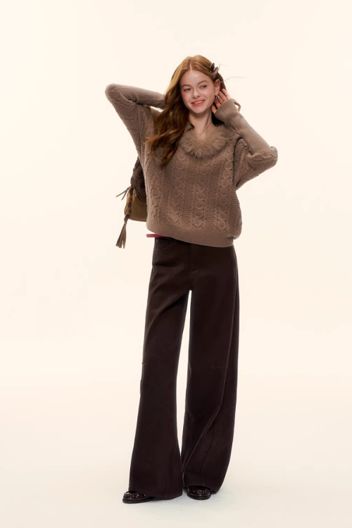 Fur Collar Cable Knit Top