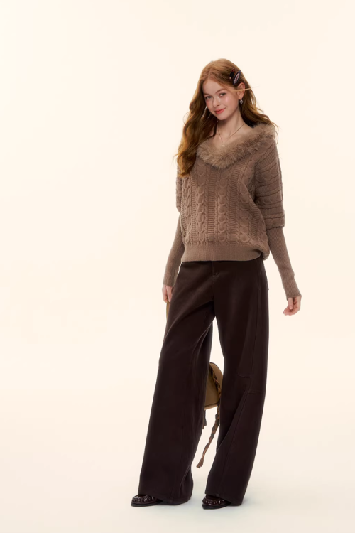 Fur Collar Cable Knit Top