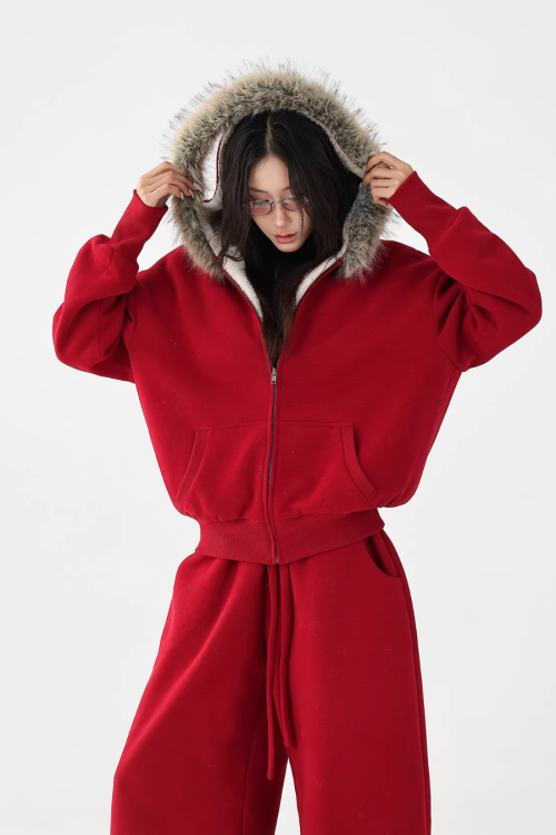 Fur Collar Fleece Hoodie / Casual Pants