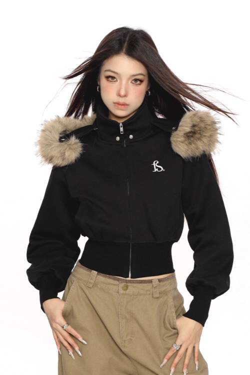 Fur Cropped Zip Up Hoodie
