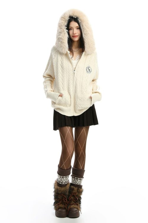 Fur Hood Cable Knit Top