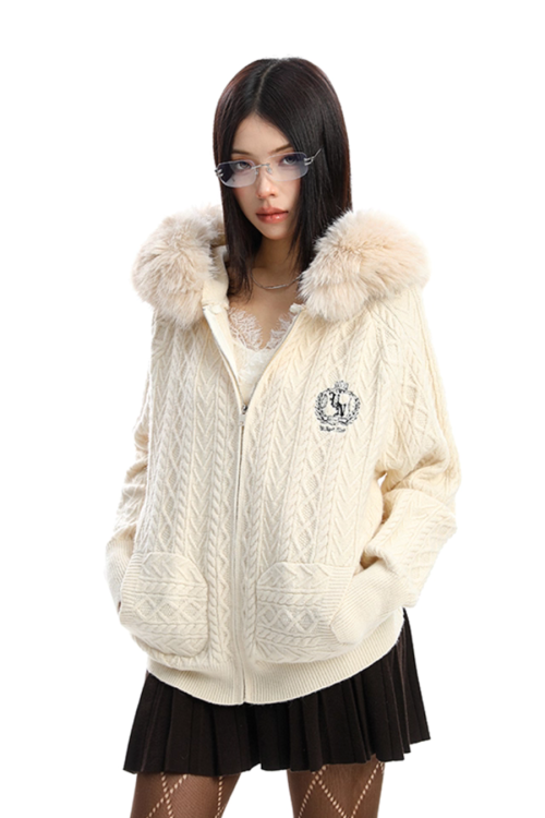 Fur Hood Cable Knit Top
