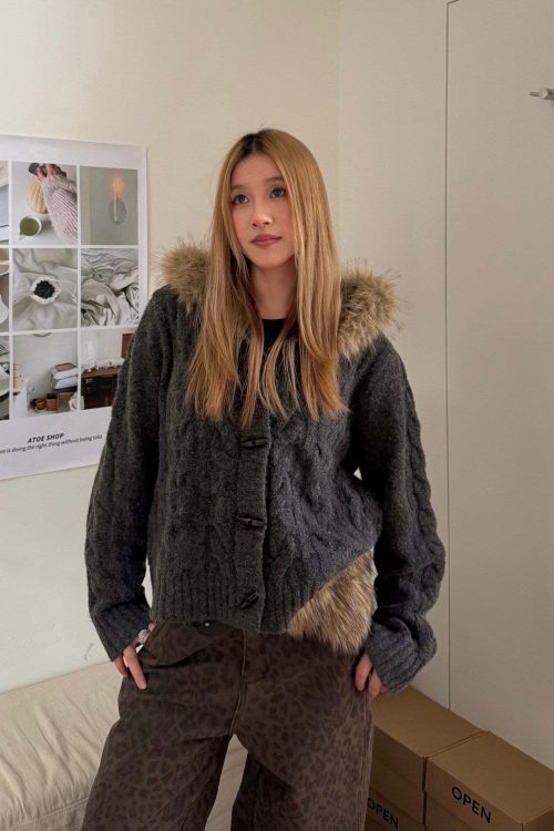 Fur Hood Knit Jacket
