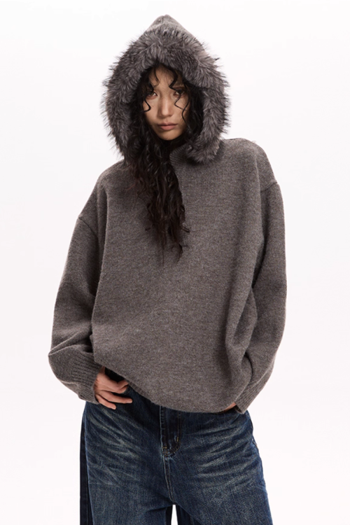 Fur Hood Knit Top