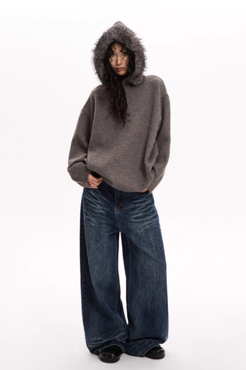 Fur Hood Knit Top