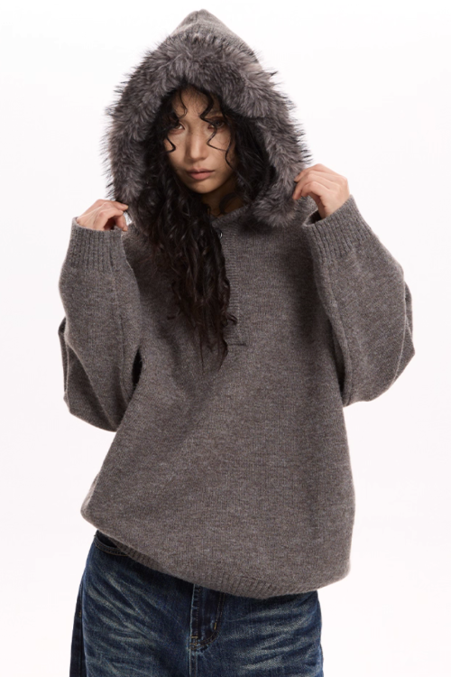 Fur Hood Knit Top