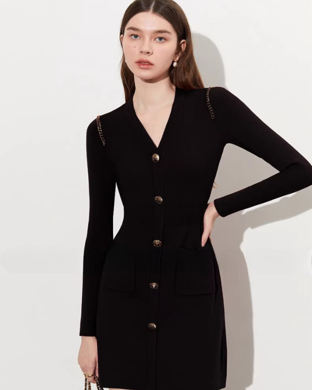 Gold Button Tight Mini Dress