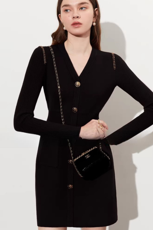 Gold Button Tight Mini Dress