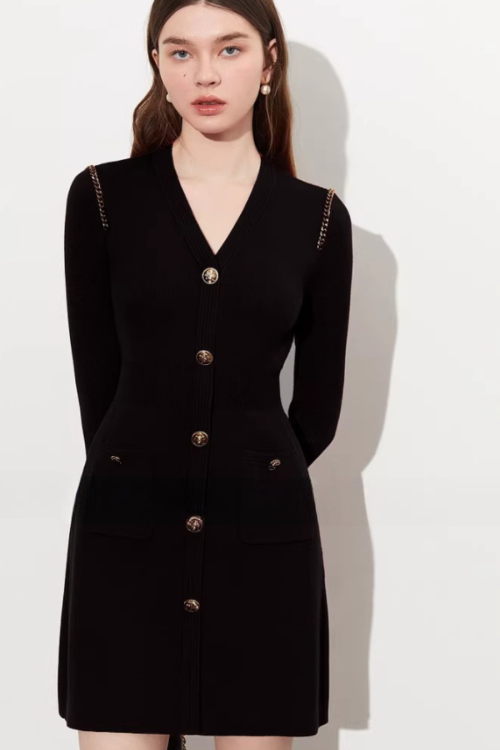 Gold Button Tight Mini Dress