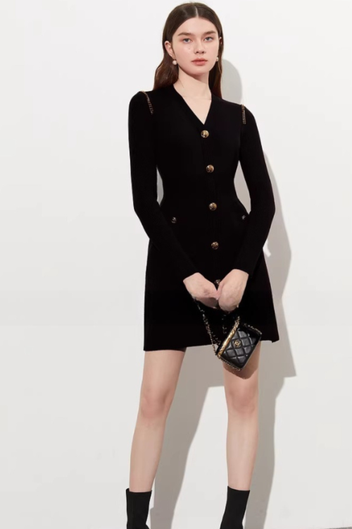 Gold Button Tight Mini Dress