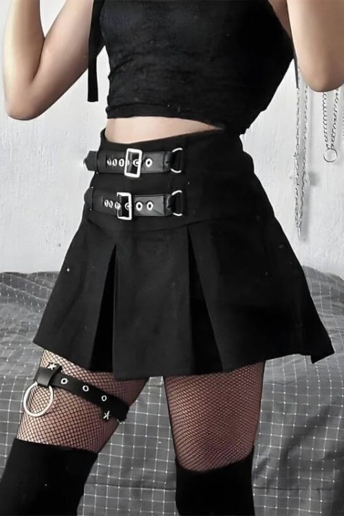 Goth Buckle Pleated Mini Skirt