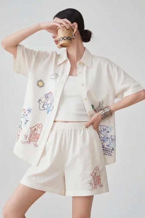 Graffiti-style Print Long Sleeve Shirt / Half Pants