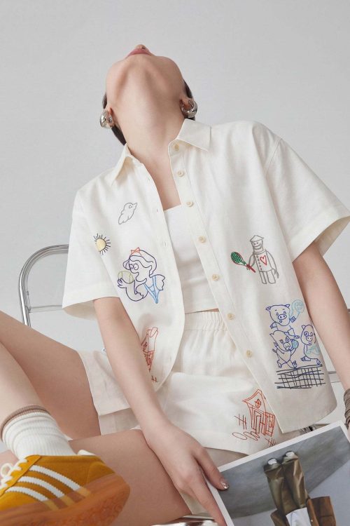 Graffiti-style Print Long Sleeve Shirt / Half Pants