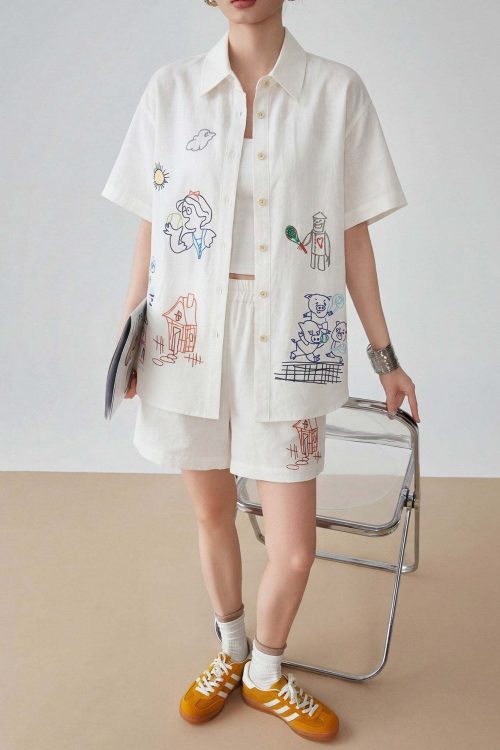 Graffiti-style Print Long Sleeve Shirt / Half Pants