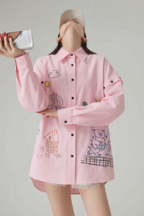 Graffiti-style Print Long Sleeve Shirt / Half Pants