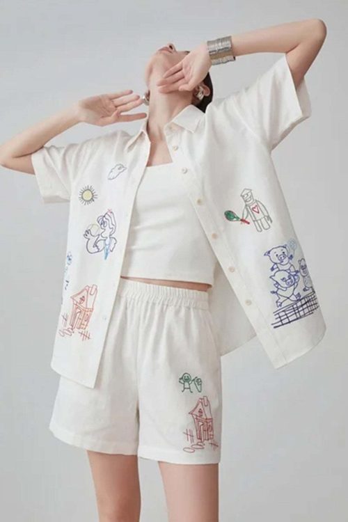 Graffiti-style Print Long Sleeve Shirt / Half Pants