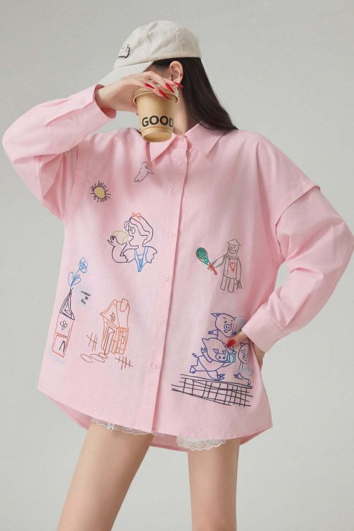 Graffiti-style Print Long Sleeve Shirt / Half Pants