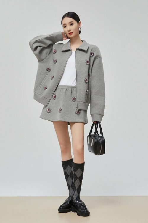 Gray Rhinestone Long-Sleeve Jacket / High-Waist Skirt