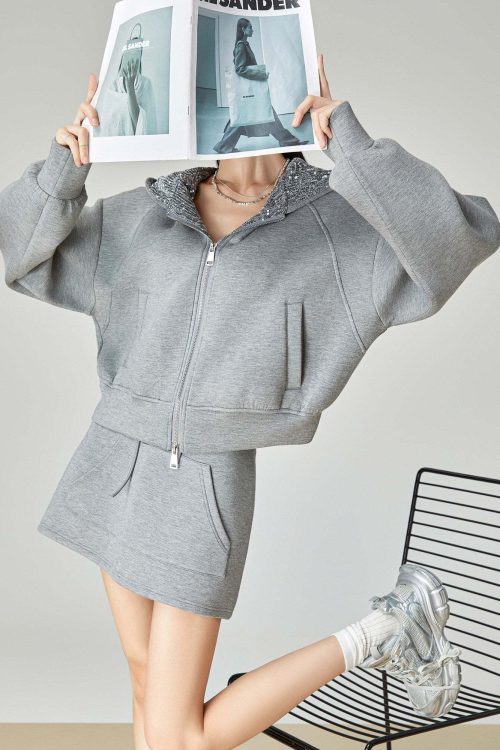 Gray Sequin Hood Jacket / A-Line Half Skirt