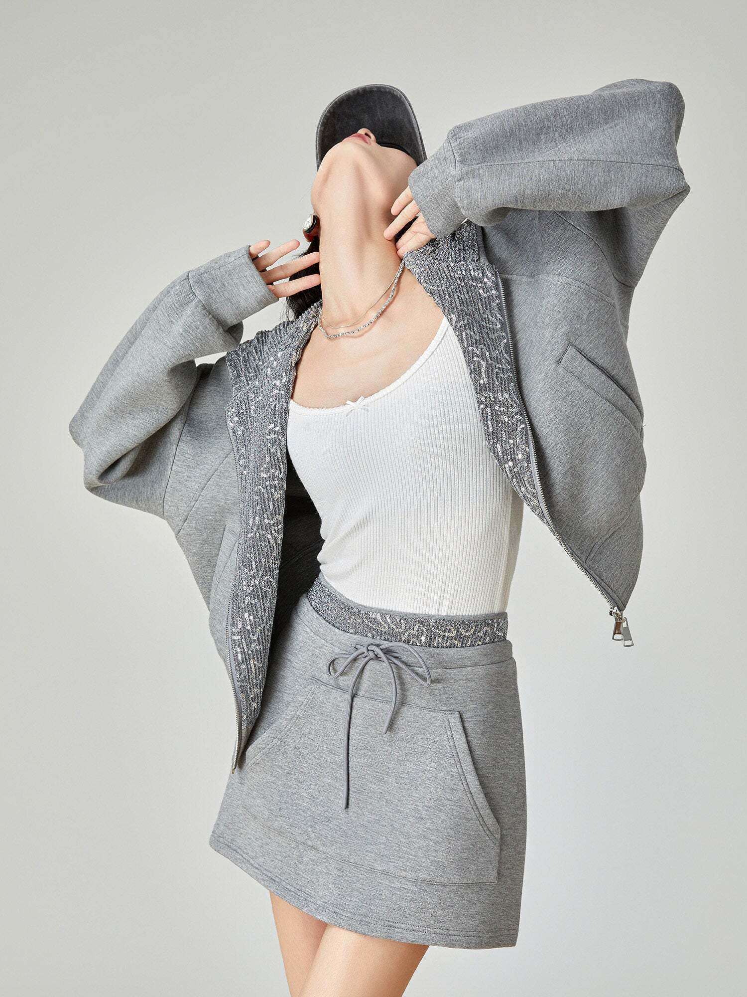 Gray Sequin Hood Jacket / A-Line Half Skirt