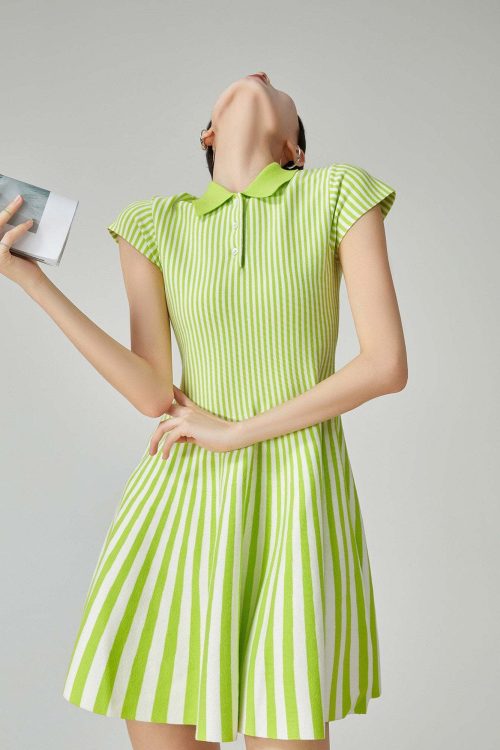 Green Striped Flare Mini Dress