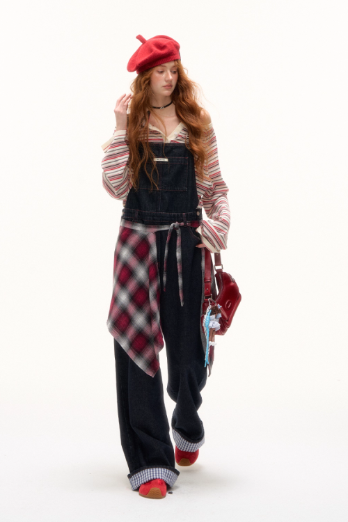 Half Button Border Top / Wide-Leg Denim Overalls