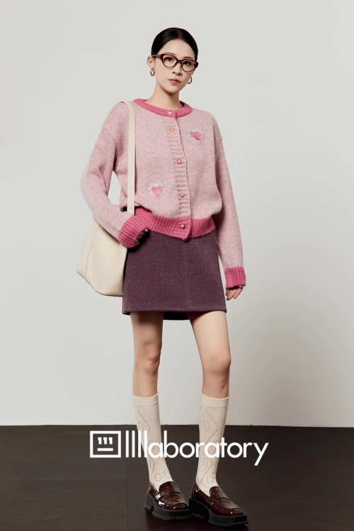 Heart Logo Knit Top / Purple Mini Skirt