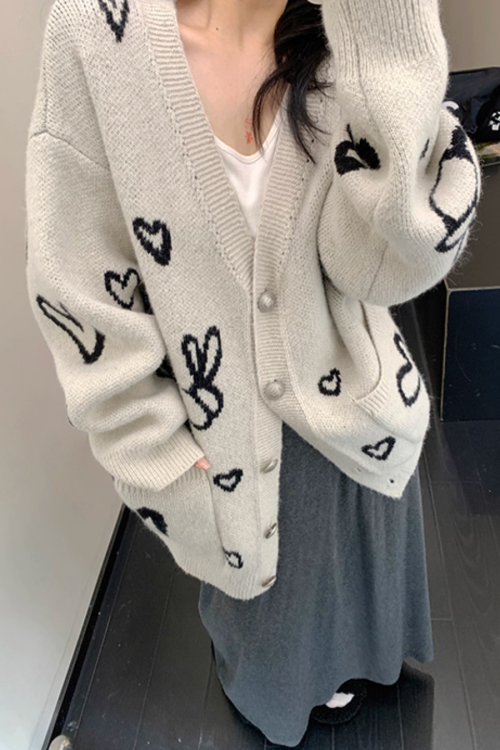 Heart Patterned Knit Cardigan