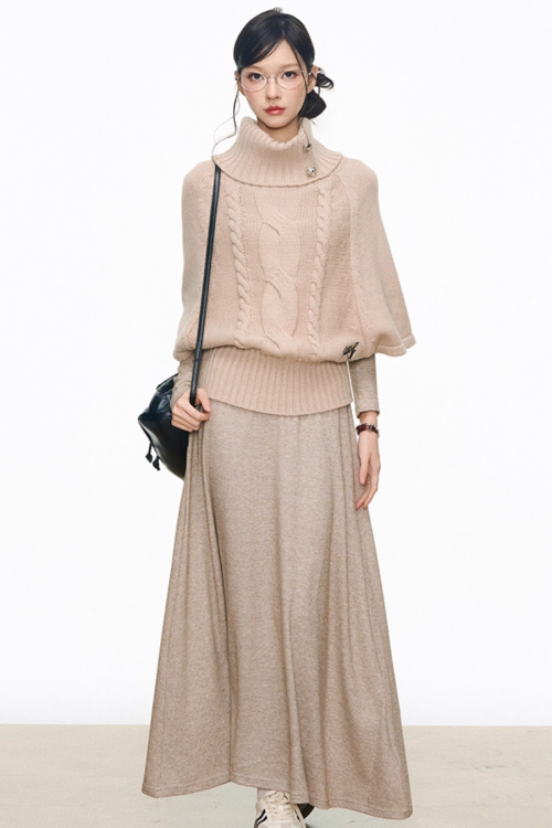 High-Neck Knit Top / Mini Skirt / Tight Long Dress / High-Neck Long Sleeve T-Shirt