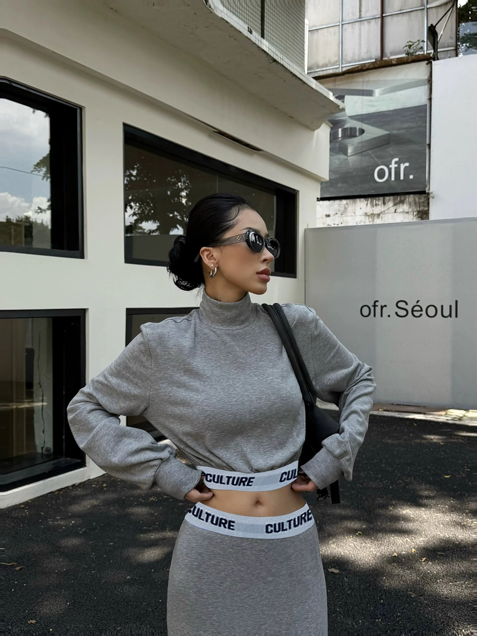 High Neck Long Sleeve Top / Mid Length Skirt