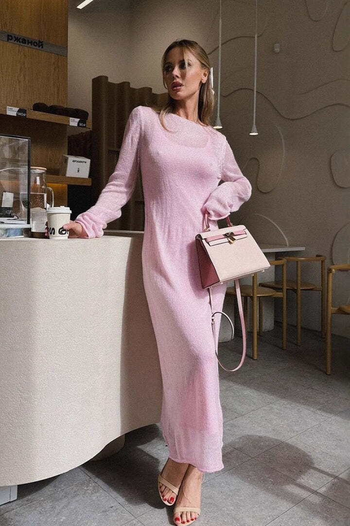 Hollow Out Pink Bodycon Knit Maxi Dress