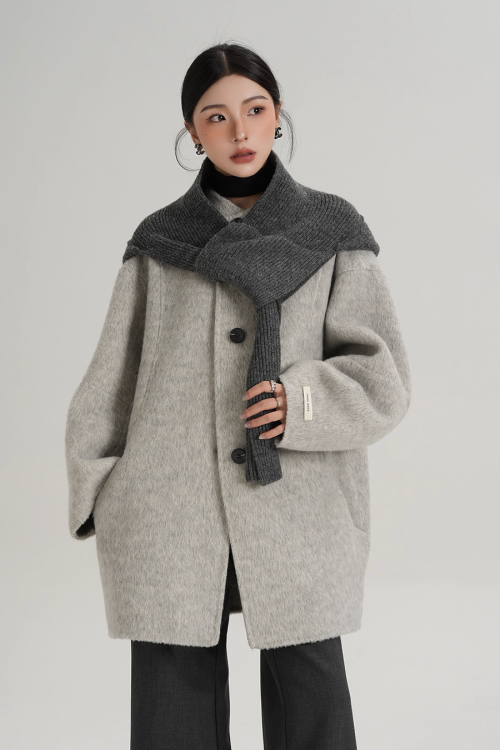 Hood Scarf Mid Length Wool Coat