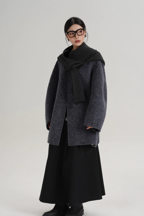 Hood Scarf Mid Length Wool Coat