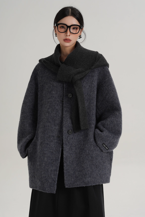 Hood Scarf Mid Length Wool Coat