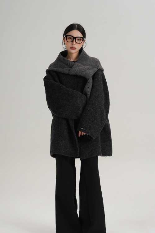 Hood Scarf Mid Length Wool Coat
