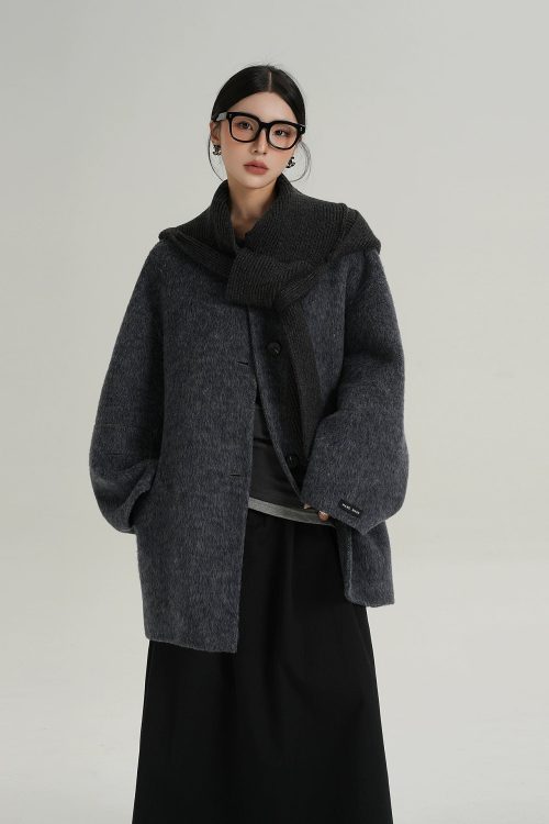 Hood Scarf Mid Length Wool Coat