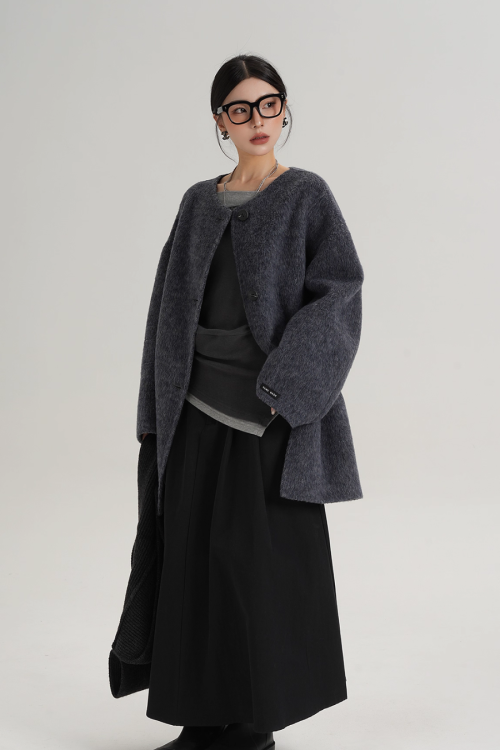 Hood Scarf Mid Length Wool Coat