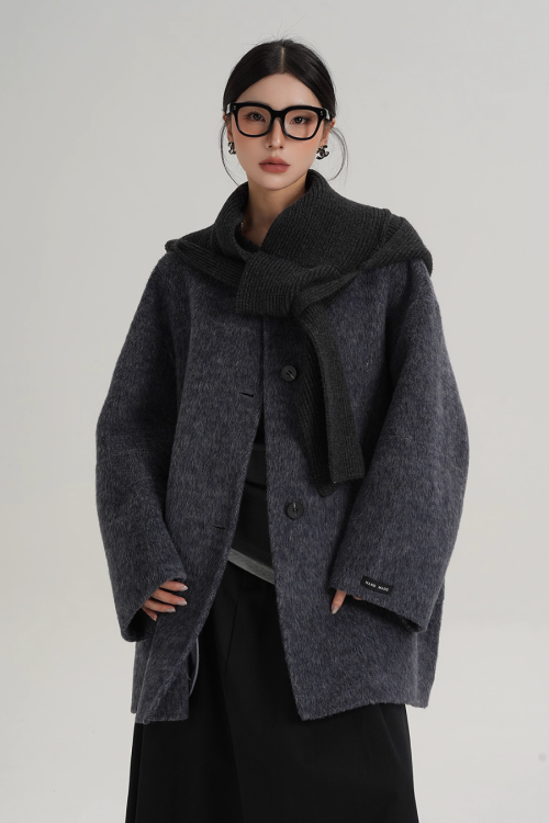 Hood Scarf Mid Length Wool Coat