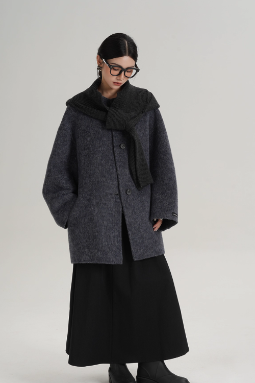 Hood Scarf Mid Length Wool Coat