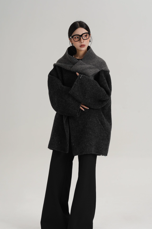 Hood Scarf Mid Length Wool Coat