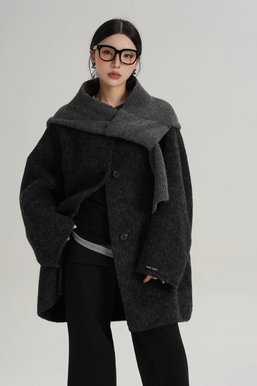 Hood Scarf Mid Length Wool Coat