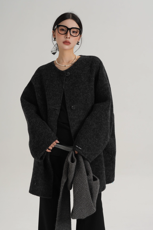 Hood Scarf Mid Length Wool Coat