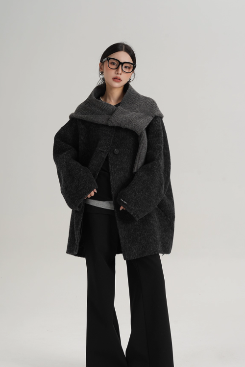 Hood Scarf Mid Length Wool Coat