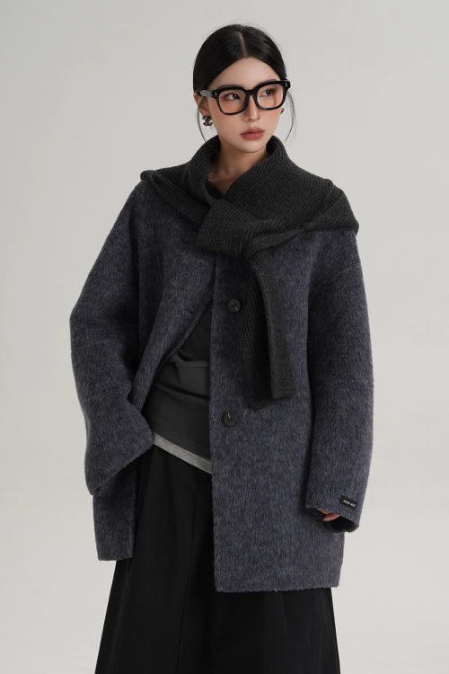 Hood Scarf Mid Length Wool Coat