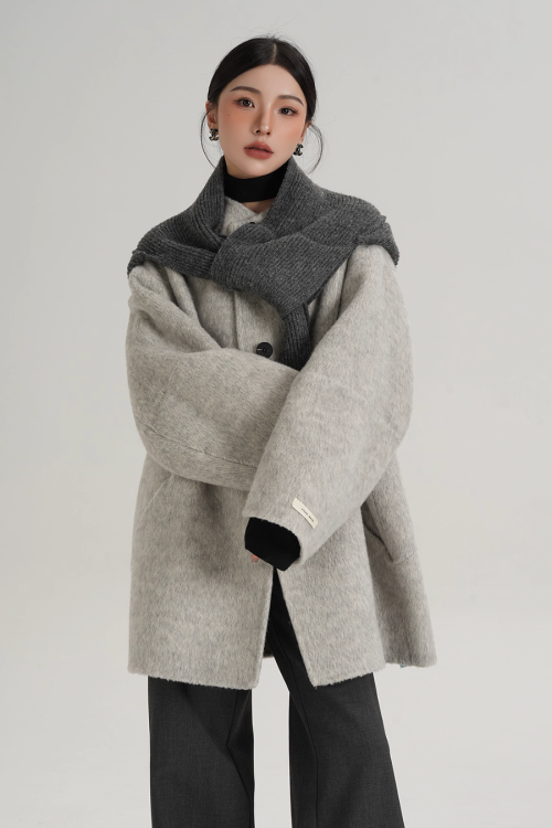 Hood Scarf Mid Length Wool Coat