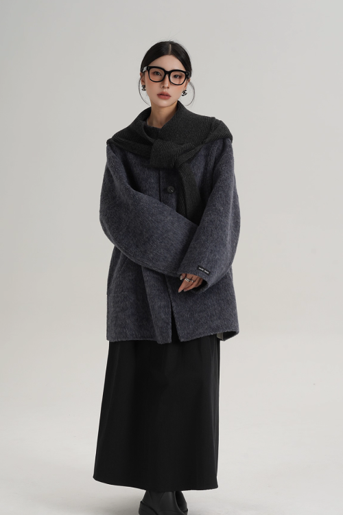 Hood Scarf Mid Length Wool Coat